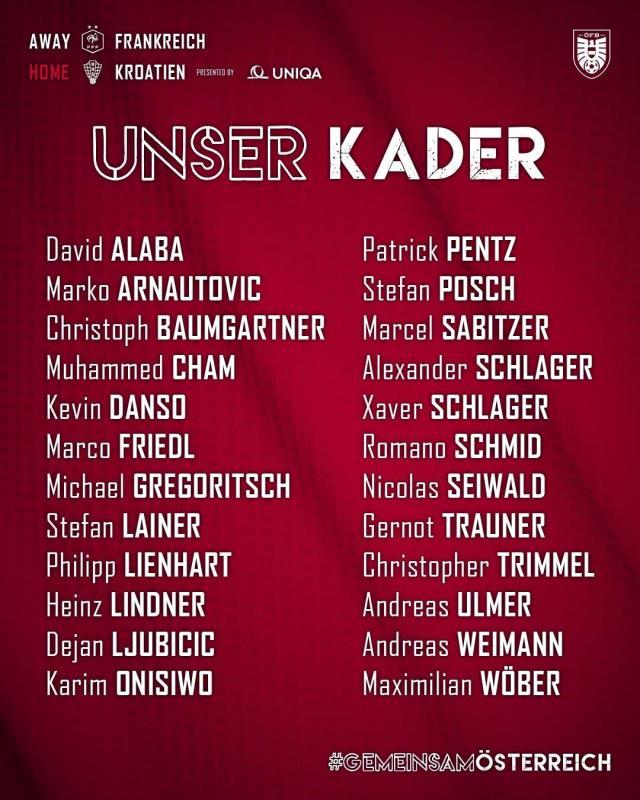 开云体育官方客服-奥地利24人大名单：阿拉巴领衔，扎比策、阿瑙在列